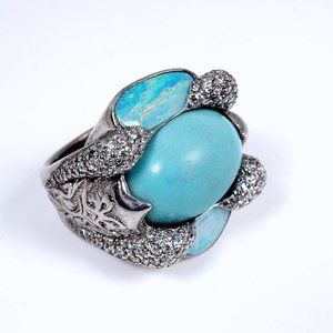 Oversized Ring - Turquoise Opal Cabochon Ring - White Gold Heavy Ring
